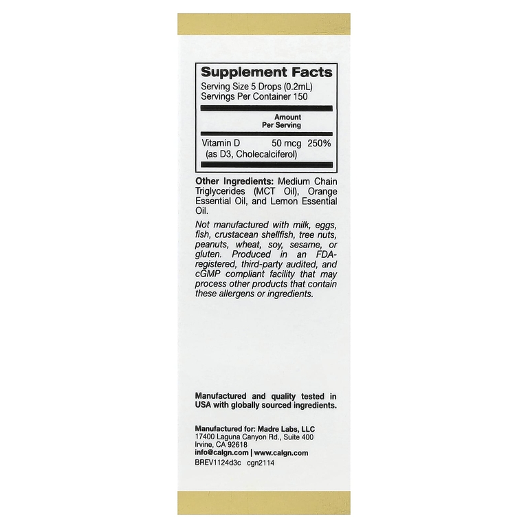 California Gold Nutrition, витамин D3, с цитрусовым вкусом, 50 мкг (2000 МЕ), 30 мл (1 жидк. унция)