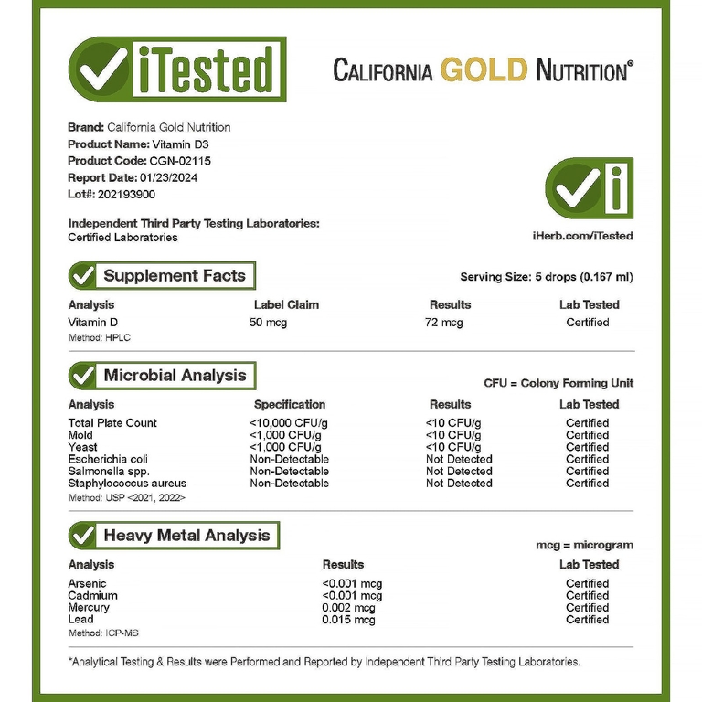 California Gold Nutrition, витамин D3, с нейтральным вкусом, 50 мкг (2000 МЕ), 30 мл (1 жидк. унция)