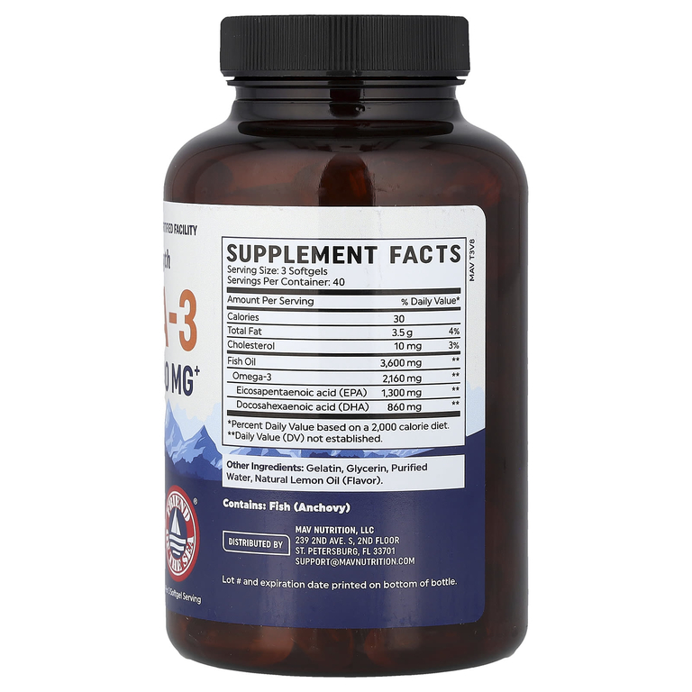 MAV Nutrition, Рыбий жир с омега-3, тройной силы, натуральный лимон, 120 мягких таблеток
