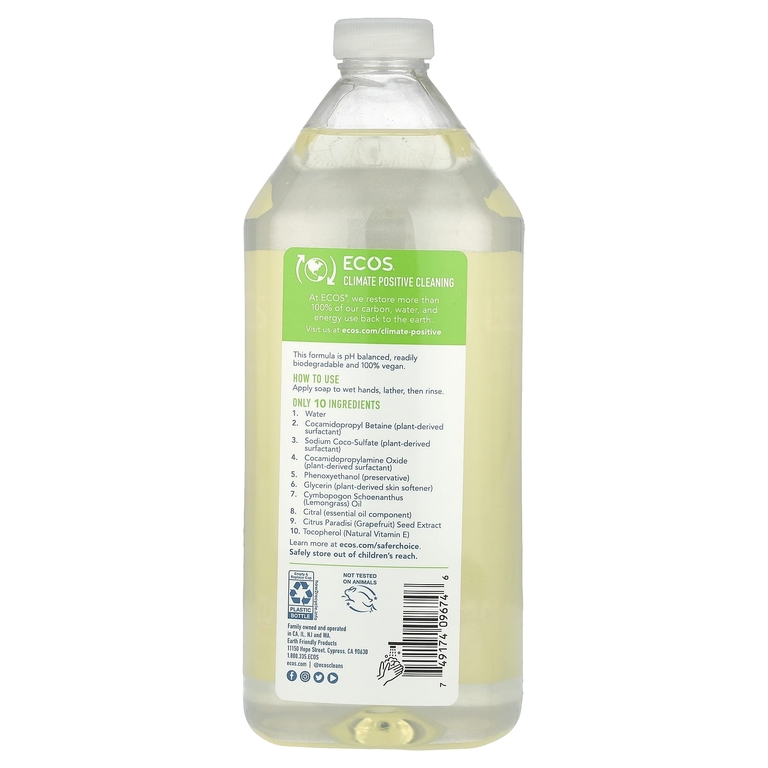 Earth Friendly Products, Ecos®, запасное мыло для рук на растительной основе, лемонграсс, 946 мл (32 жидк. Унции)