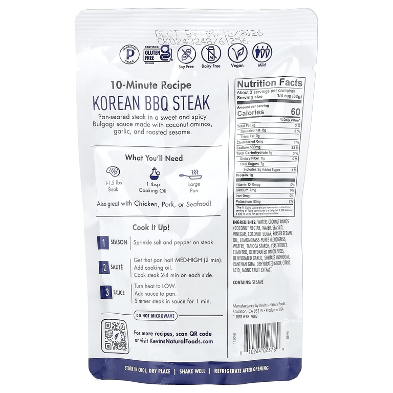 Kevin's Natural Foods, Корейский соус для барбекю, мягкий, 198 г (7 унций)