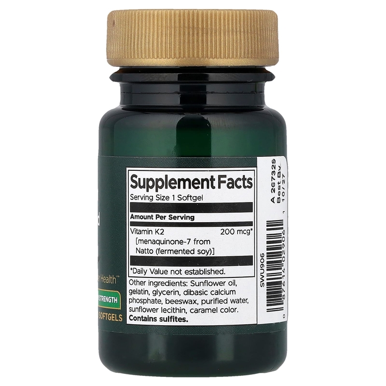 Swanson Vitamins, Real Food K2, витамин K2, максимальная сила действия, 200 мкг, 30 капсул