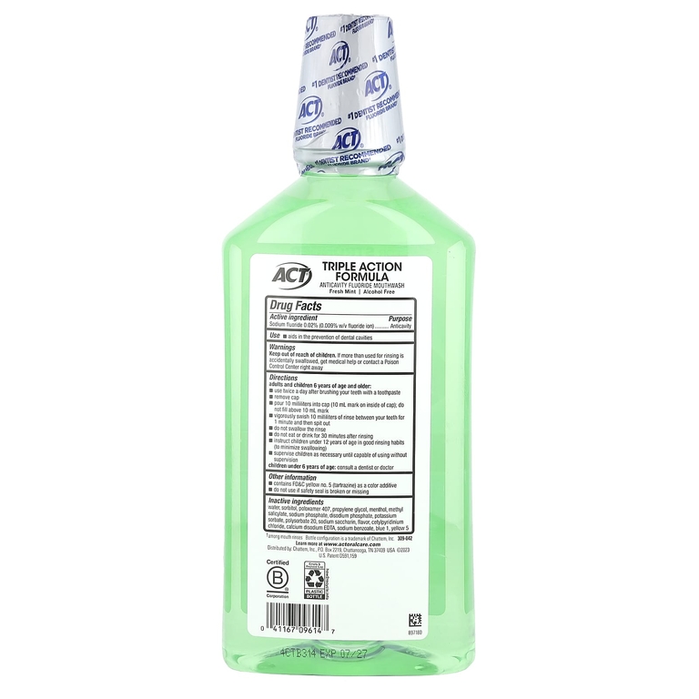 Act, Total Care, ополаскиватель для рта с фторидом, против кариеса, без спирта, свежая мята, 1 л (33,8 жидк. унции)