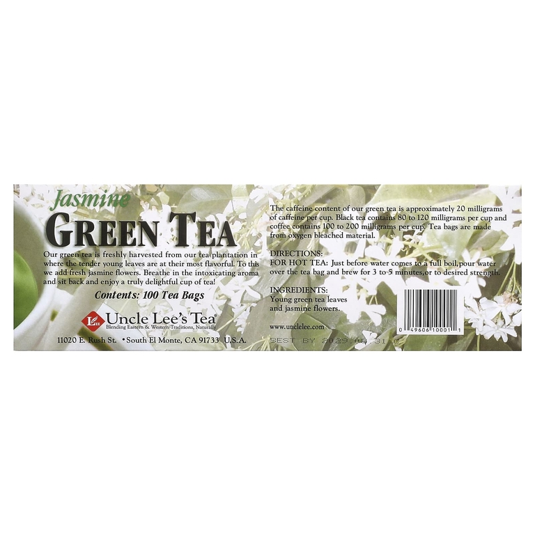 Uncle Lee's Tea, легенды Китая, зеленый чай, жасмин, 100 чайных пакетиков в индивидуальной упаковке, 160 г (5,64 унции)