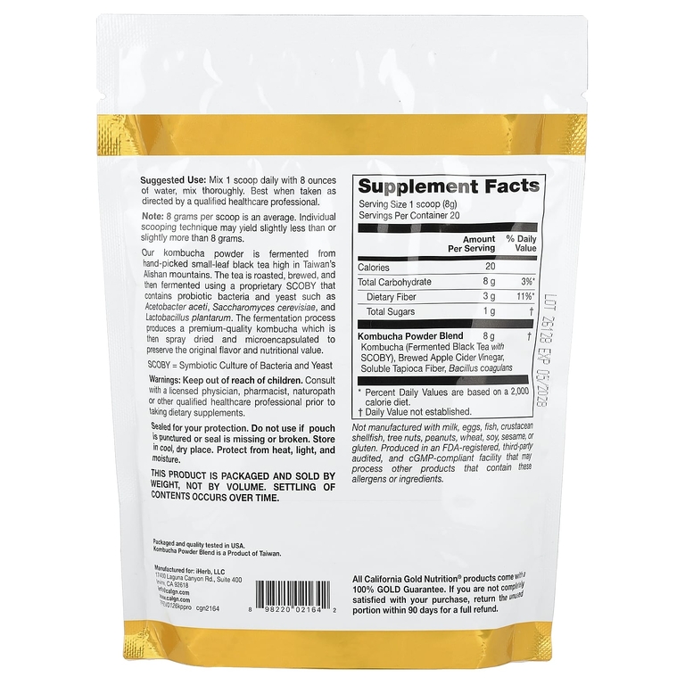 California Gold Nutrition, Superfoods, комбуча в порошке с ферментированным яблочным уксусом, растворимой клетчаткой тапиоки и пробиотиками, 160 г (5,64 унции)