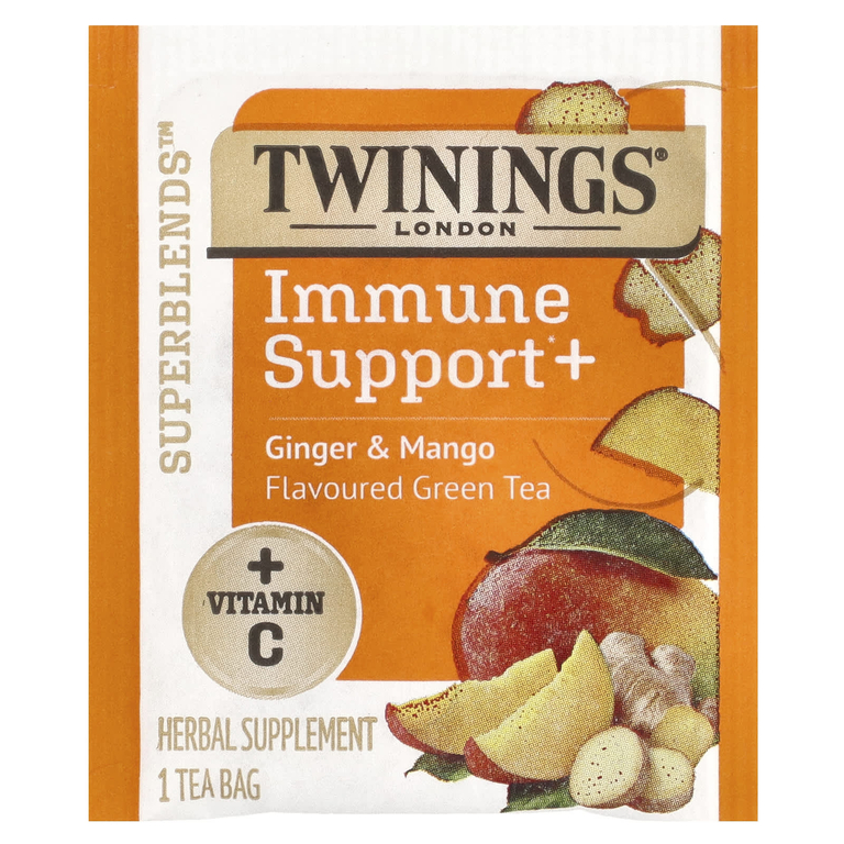 Twinings, Superblends ™, поддержка иммунитета и зеленый чай, имбирь и манго, 16 чайных пакетиков, 32 г (1,12 унции)