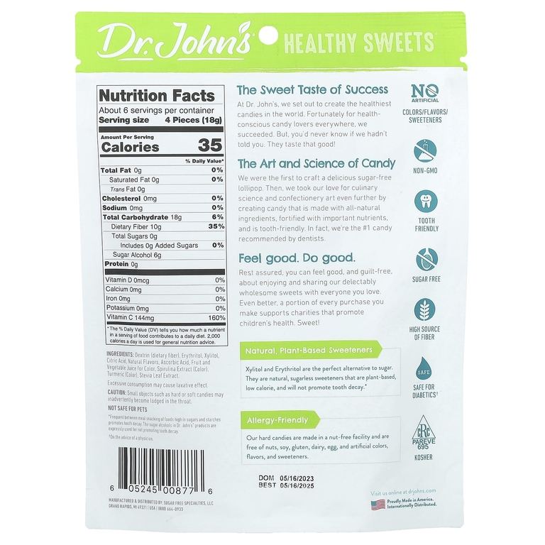 Dr. John's Healthy Sweets, Конфеты ассорти, + клетчатка и витамин C, арбуз, зеленое яблоко и клубника, 109 г (3,85 унции)
