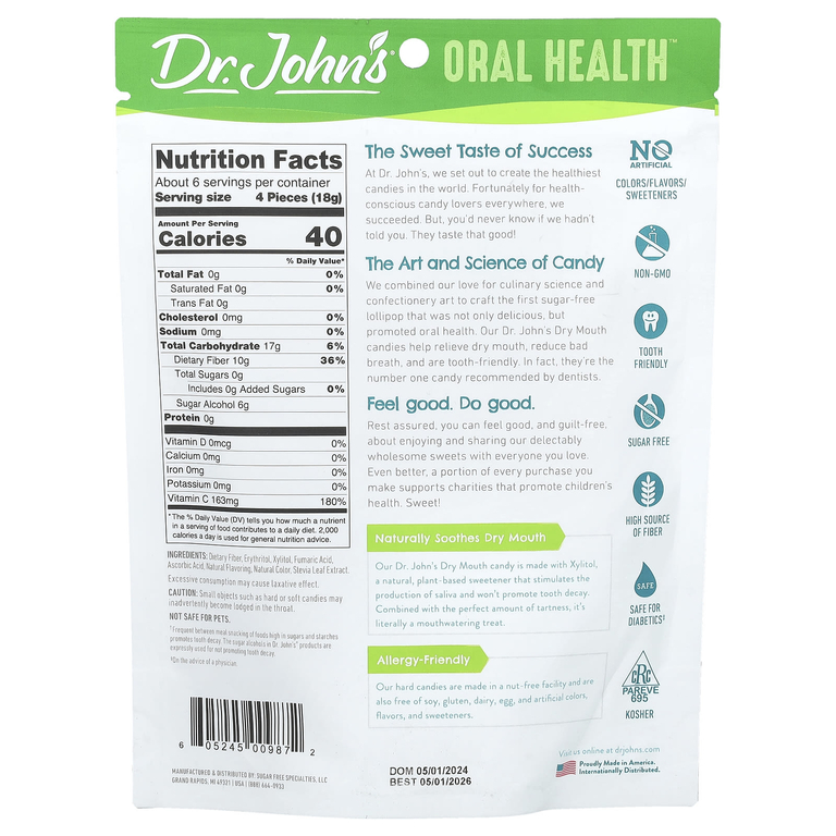 Dr. John's Healthy Sweets, Oral Health™, капли от сухости для рта, с ксилитолом, апельсин, 24 конфеты в индивидуальной упаковке. 109 г (3,85 унции)