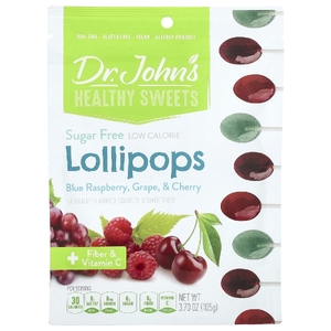 Dr. John's Healthy Sweets, Леденцы на палочке, + клетчатка и витамин C, голубая малина, виноград и вишня, без сахара, 105 г (3,7 унции)