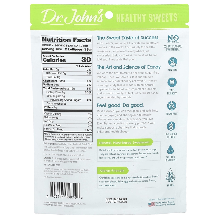 Dr. John's Healthy Sweets, Леденцы на палочке, + клетчатка и витамин C, голубая малина, виноград и вишня, без сахара, 105 г (3,7 унции)