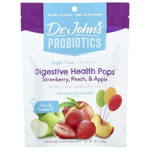 Dr. John's Healthy Sweets, Probiotics, Digestive Health Pops ™, + клетчатка и витамин C, клубника, персик и яблоко, 14 леденцов на палочке в индивидуальной упаковке, 109 г (3,85 унции)