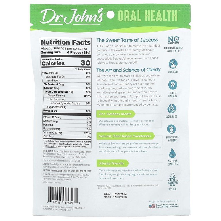Dr. John's Healthy Sweets, Oral Health™, капли для свежести дыхания, с кристаллами цинка, лимон и мята, без сахара, 24 конфеты в индивидуальной упаковке, 109 г (3,85 унции)