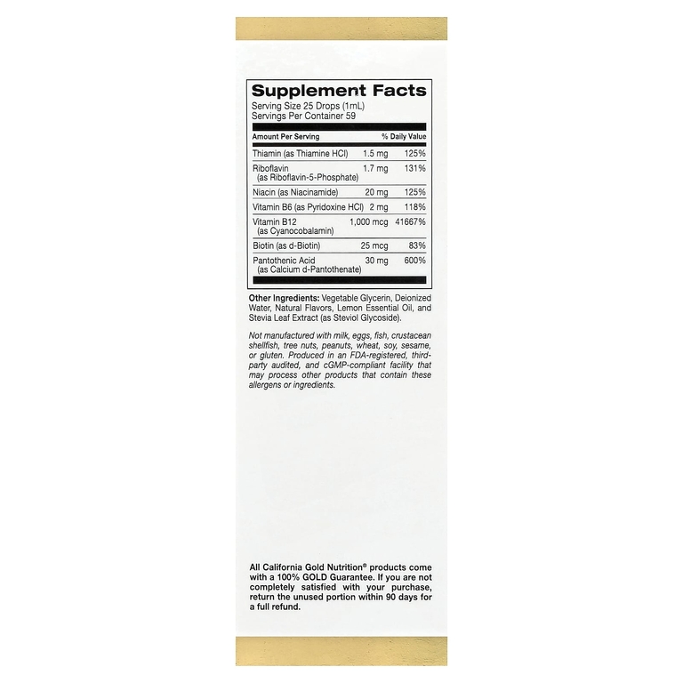 California Gold Nutrition, комплекс витаминов группы B полного спектра с витамином B12, пантотеновой кислотой, биотином и ниацином, малина и лимон, 59 мл (2 жидк. унции)