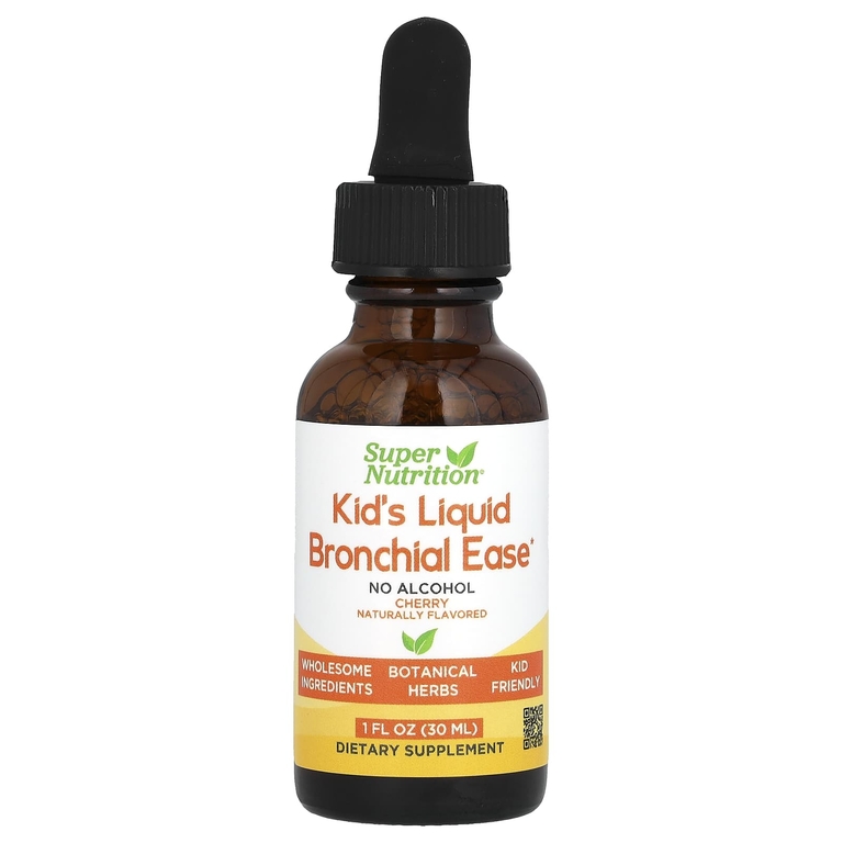 Super Nutrition, Bronchial Ease, детская жидкая добавка для здоровья бронхов, с корнем любистка, свежими листьями йерба санта, корнем солодки и листьями коровяка, без спирта, вишня, 30 мл (1 жидк. унция)