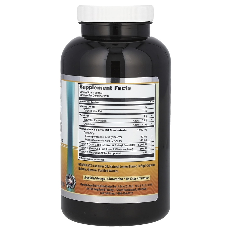 Amazing Nutrition, Amazing Omega, жир печени норвежской трески, лимон, 1000 мг, 250 мягких таблеток