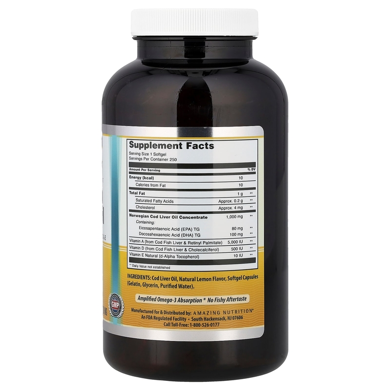 Amazing Nutrition, Amazing Omega™ масло печени норвежской трески, лимон, 1000 мг, 250 мягких капсул