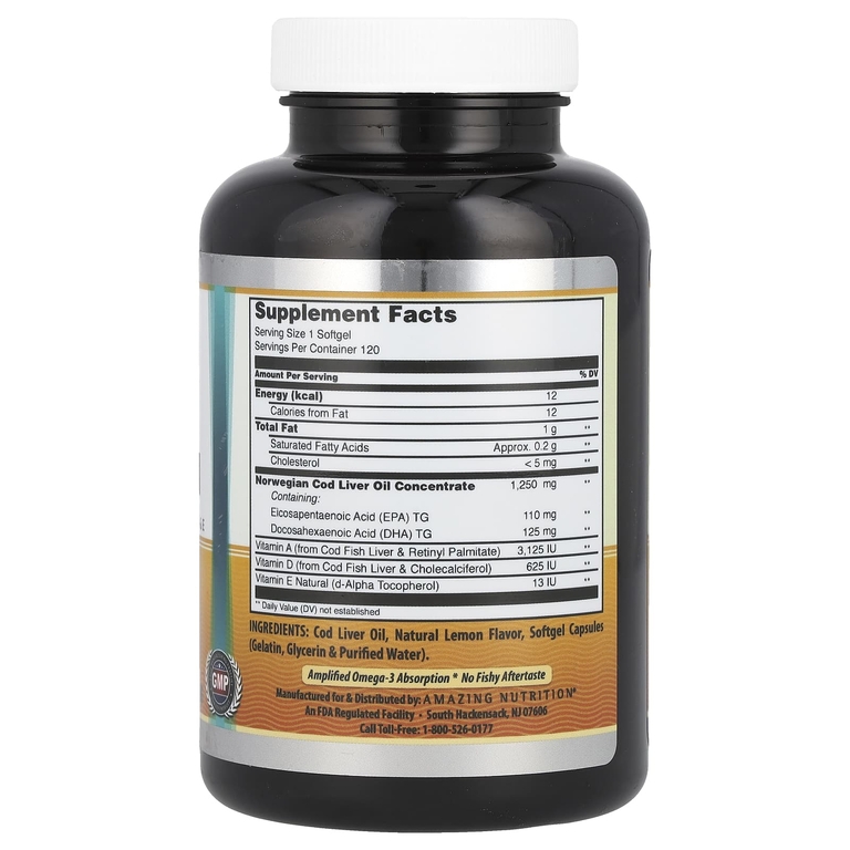 Amazing Nutrition, Жир печени норвежской трески, лимон, 1250 мг, 120 мягких таблеток