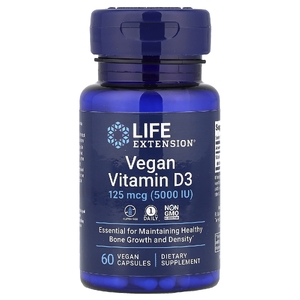 Life Extension, Веганский витамин D3, 125 мкг (5000 МЕ), 60 веганских капсул
