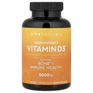 Viva Naturals, витамин D3 с органическим жидким кокосовым маслом, 125 мкг (5000 МЕ), 360 капсул