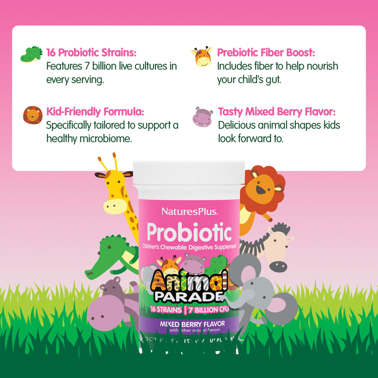 NaturesPlus, Animal Parade®, жевательный пробиотик для детей, смесь ягод, 30 жевательных пастилок