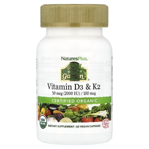 NaturesPlus, Source of Life® Garden, органические витамины D3 и K2, 60 веганских капсул