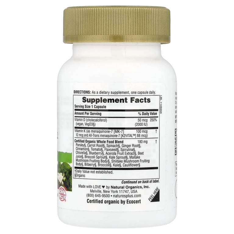 NaturesPlus, Source of Life® Garden, органические витамины D3 и K2, 60 веганских капсул