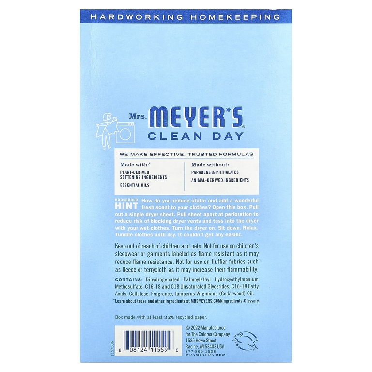 Mrs. Meyers Clean Day, Простыни для сушки, дождевая вода`` 80 листов