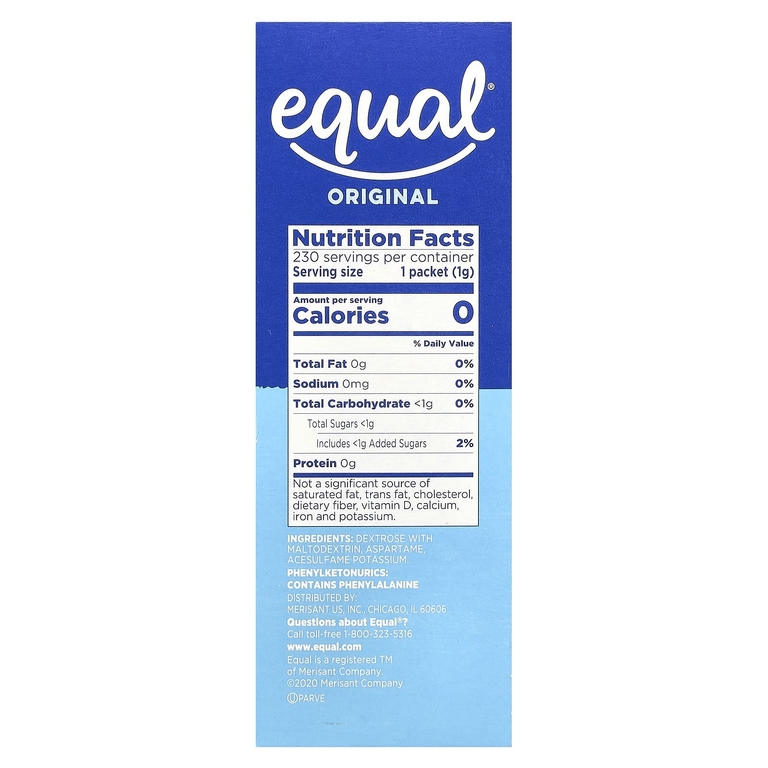 Equal, Нулевой калорийный подсластитель, оригинальный, 230 пакетиков, 230 г (8,1 унции)