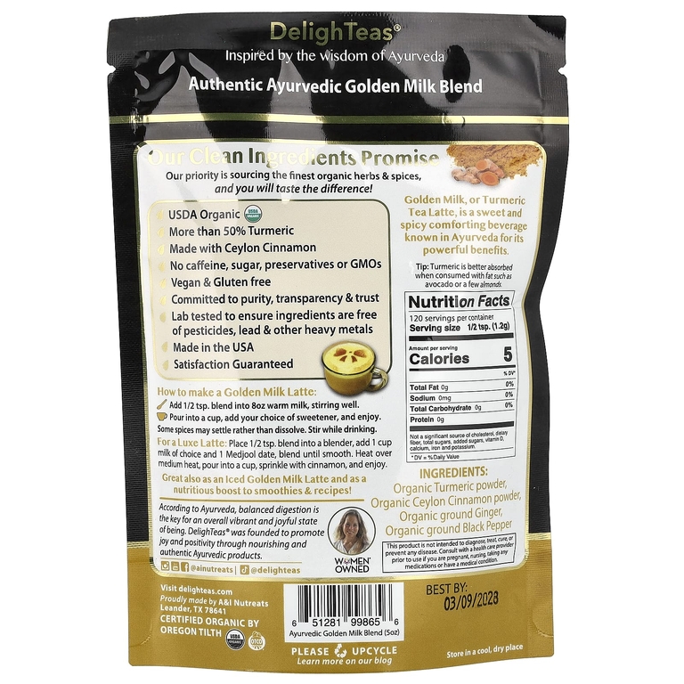 DelighTeas, чай латте с куркумой, аюрведическая смесь Golden Milk, без кофеина, 140 г (5 унций)