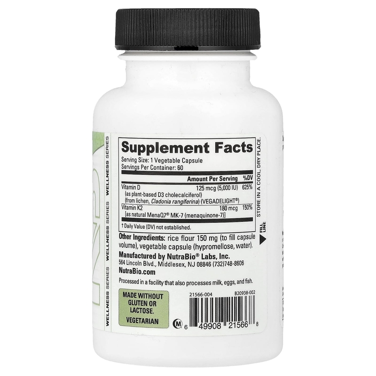 NutraBio, витамины D3 и K2, 60 капсул