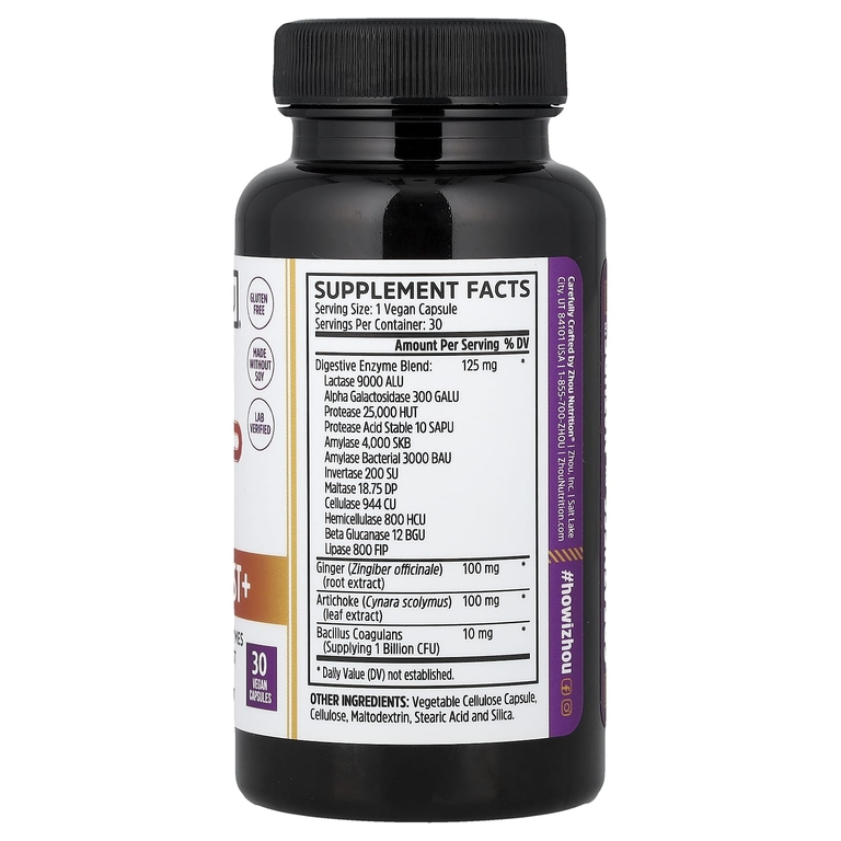 Zhou Nutrition, Bloat Blast+, добавка против вздутия живота, 30 веганских капсул