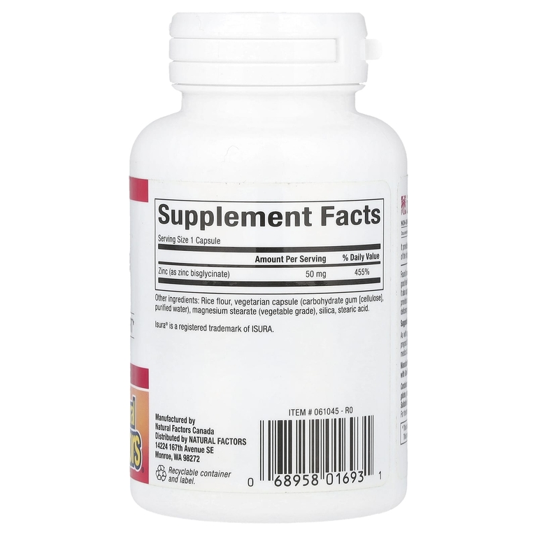 Natural Factors, Бисглицинат цинка, 50 мг, 60 вегетарианских капсул