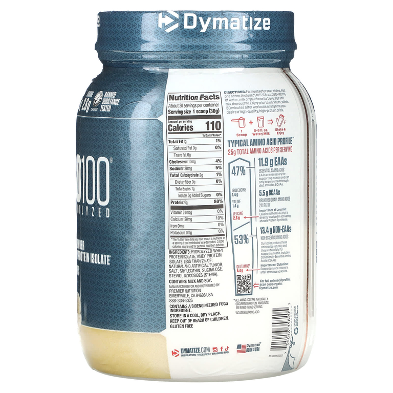 Dymatize, ISO100®, гидролизованный 100% изолят сывороточного протеина, изысканный ванильный вкус, 610 г (1,34 фунта)