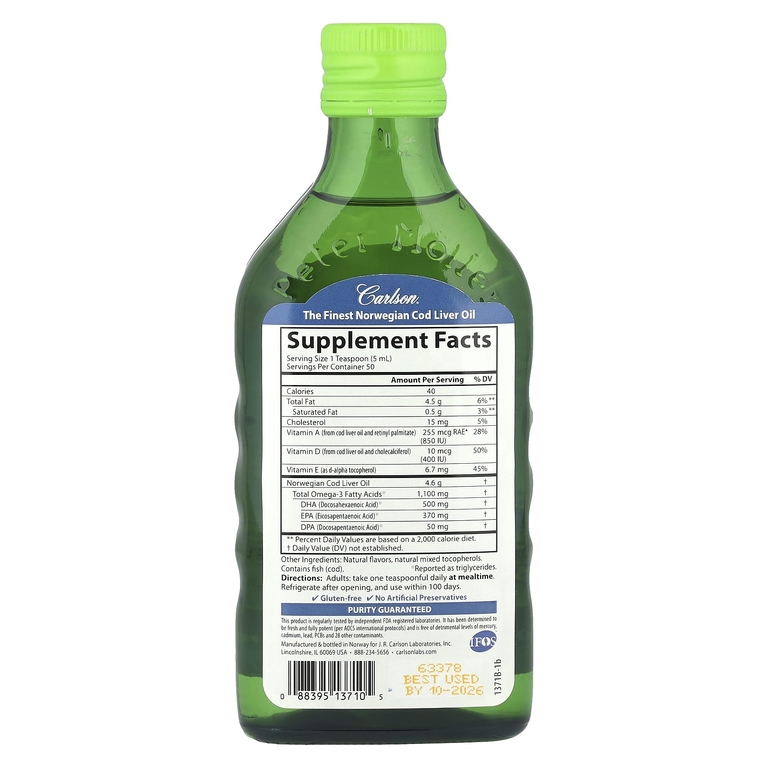 Carlson, Cod Liver Oil, Natural Green Apple , 1,100 mg, 8.4 fl oz (250 ml)