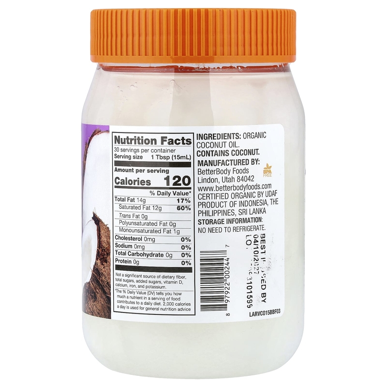 BetterBody Foods, Органическое кокосовое масло первого отжима, 458 мл (15,5 жидк. унц.)