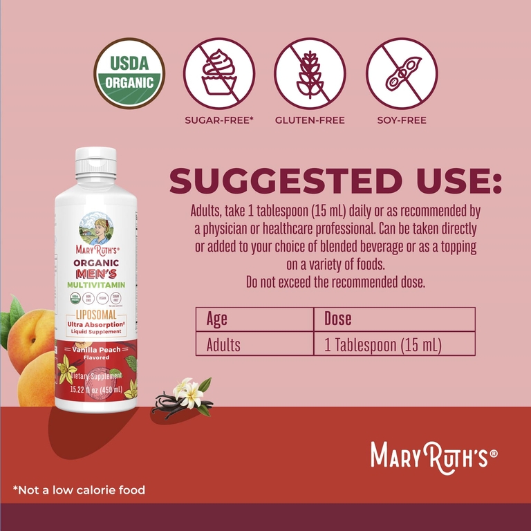 MaryRuth's, органические мультивитамины для мужчин, липосомальные, со вкусом ванили и персика, 450 мл (15,22 жидк. унции)