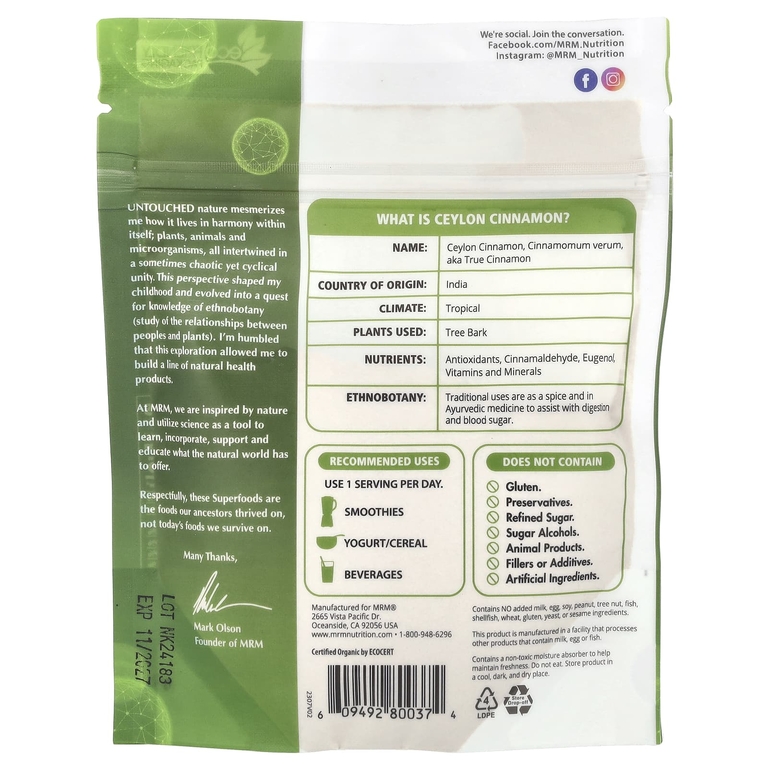 MRM Nutrition, Organic Ceylon Cinnamon Powder, 4  oz (113 g)