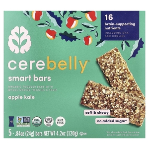Cerebelly, Smart Bars, органические детские батончики, яблоко и кудрявая капуста, 5 батончиков по 24 г (0,84 унции)