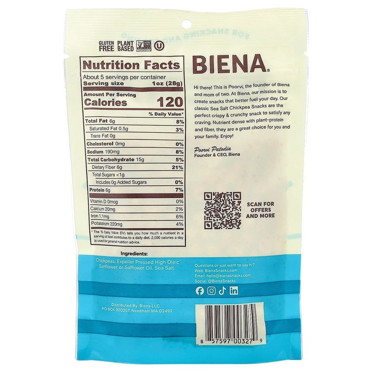 BIENA, Snacks, морская соль, 142 г (5 унций) (Товар снят с продажи) 