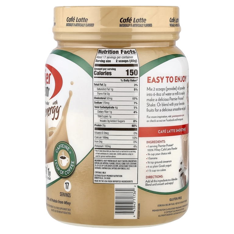 Premier Protein, Порошок из 100% сывороточного протеина с энергией, кофейный латте, 680 г (23,9 унции)
