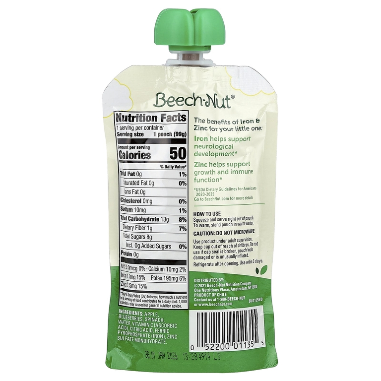 Beech-Nut, железо и цинк, для детей от 12 месяцев, яблоко, голубика и шпинат, 99 г (3,5 унции) (Товар снят с продажи) 