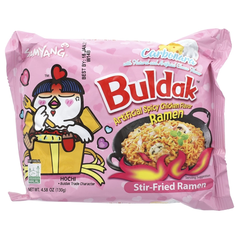 Buldak, Buldak ™, жареный рамен, пряная курица, карбонара, 5 пакетиков по 130 г (4,58 унции) (Товар снят с продажи) 