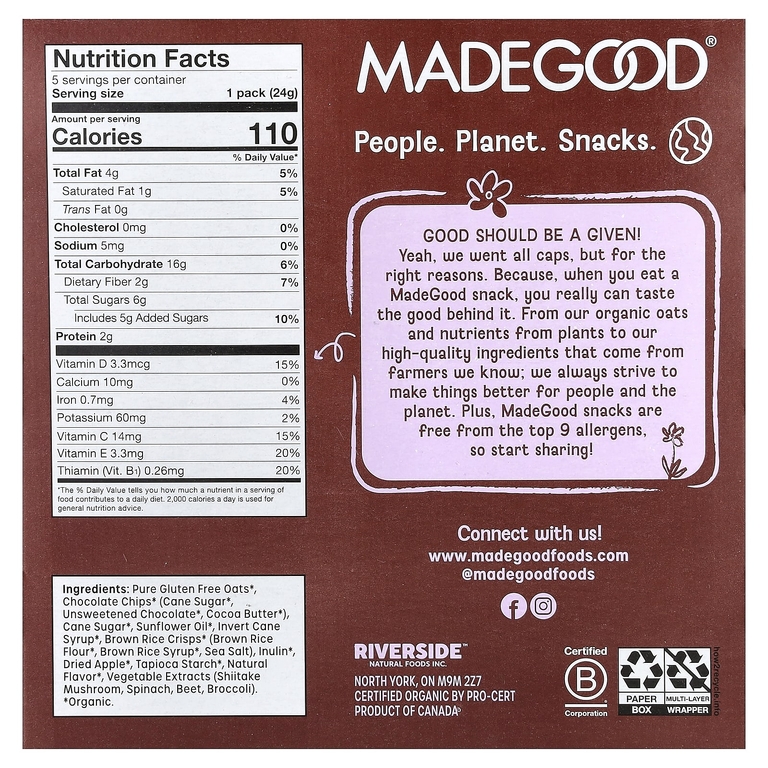 MadeGood, Granola Minis, шоколадная крошка, 5 пакетиков по 24 г (0,85 унции)