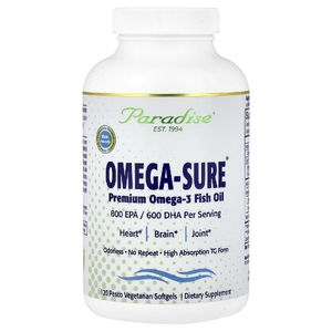 Paradise Herbs, Omega-Sure®, рыбий жир премиального качества с омега-3, 120 вегетарианских капсул Pesco