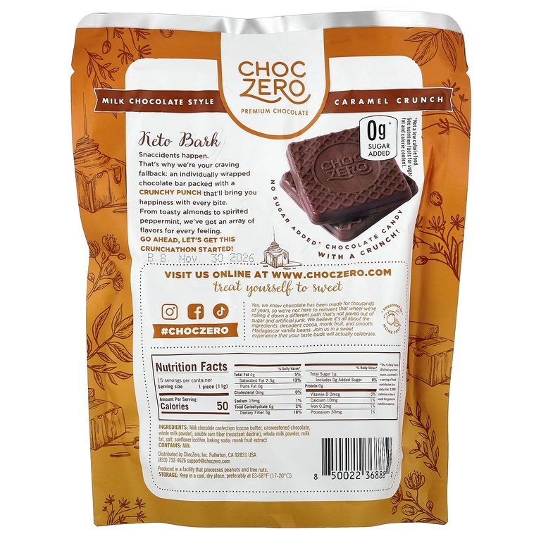 ChocZero, Keto Bark, молочный шоколад, хрустящая карамель, 15 мини-батончиков, 170 г (6 унций)