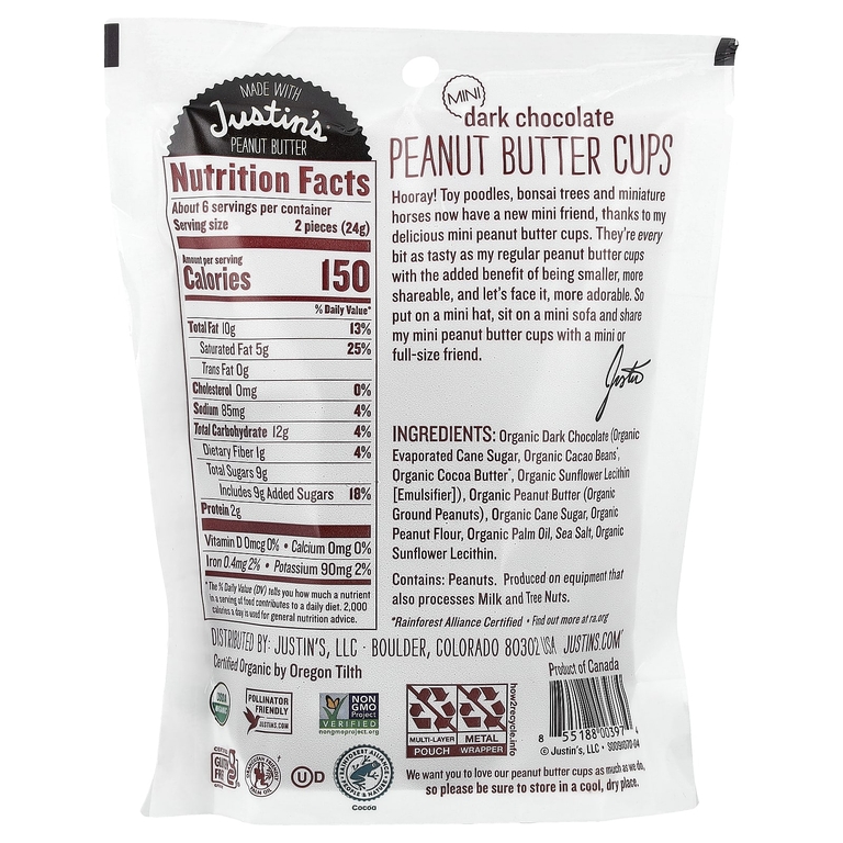 Justin's Nut Butter, Органические мини-чашки с арахисовой пастой, темный шоколад, 133 г (4,7 унции)