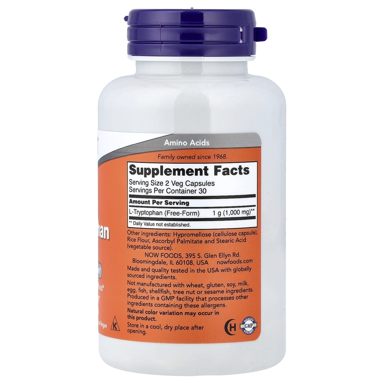 NOW Foods, L-триптофан, 500 мг, 60 растительных капсул