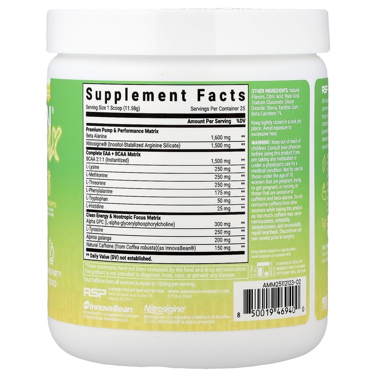 RSP Nutrition, AminoLean® Max, предтренировочный комплекс для выработки энергии, со вкусом ананаса Мауи, 290 г (10,21 унции)