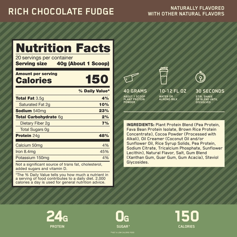 Optimum Nutrition, Золотой стандарт, 100% растительный белок, насыщенная шоколадная помадка, 800 г (1,76 фунта)