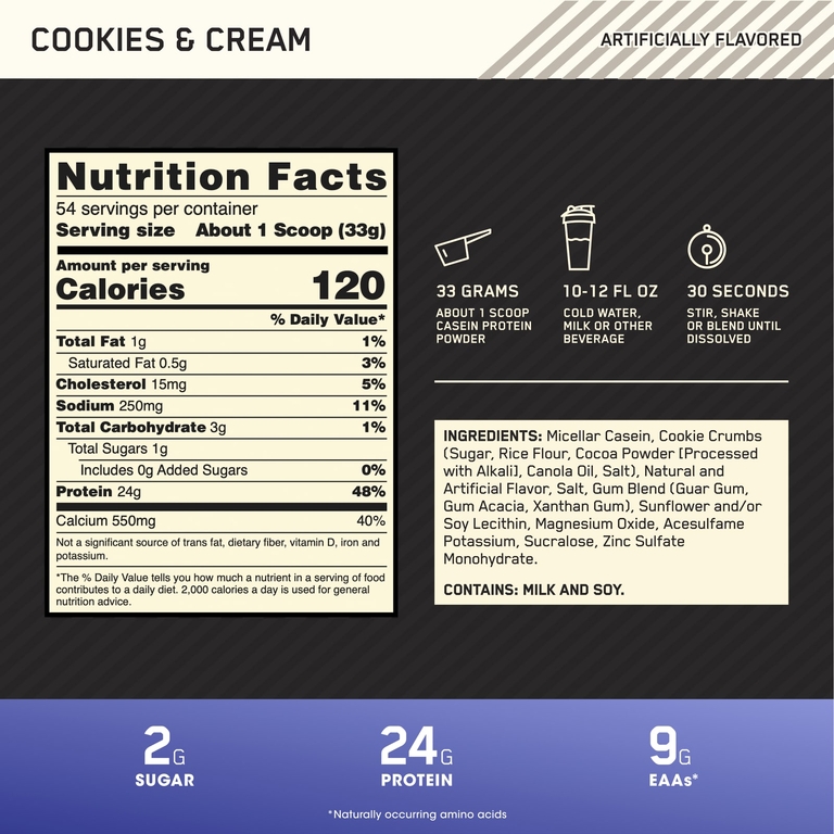 Optimum Nutrition, Gold Standard®, 100% казеин, печенье и сливки, 1,75 кг (3,85 фунта)